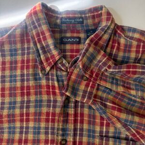 GANT Mens XL Red Plaid Flannel Button Up Shirt Tisberry Cloth 100 Cotton